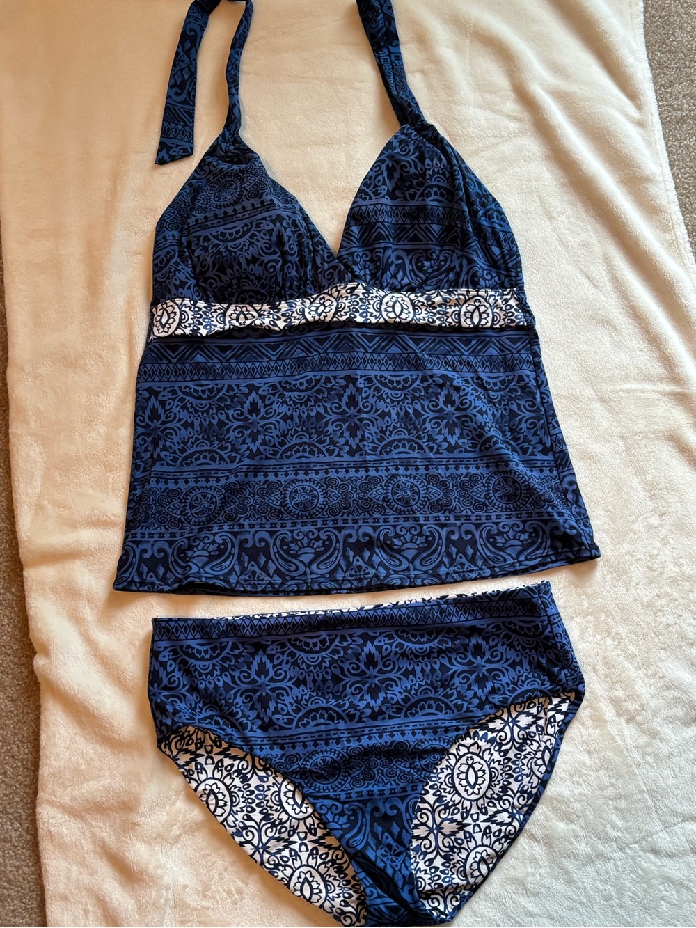 Navy Blue Printed Tankini Set - Two-Piece Swimwear